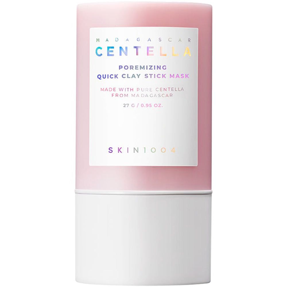 Roze cilindrische gezichtsmasker met witte basis. Tekst: Madagascar Centella, Poremizing Quick Clay Stick Mask, SKIN1004. 27g/0.95 oz.