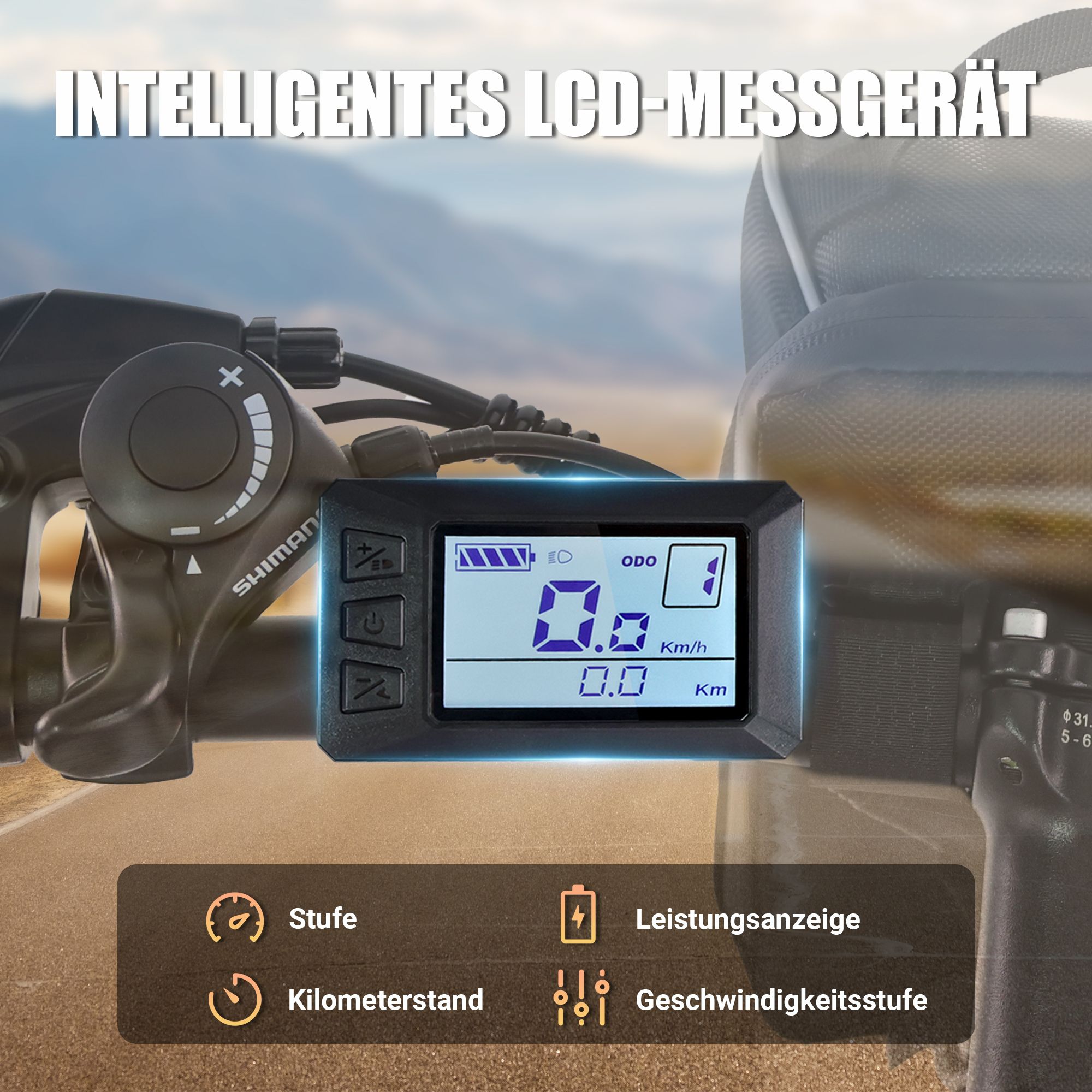 Compteur LCD intelligent. Affichage de la vitesse, kilométrage, indicateur de puissance. Commutateur Shimano.