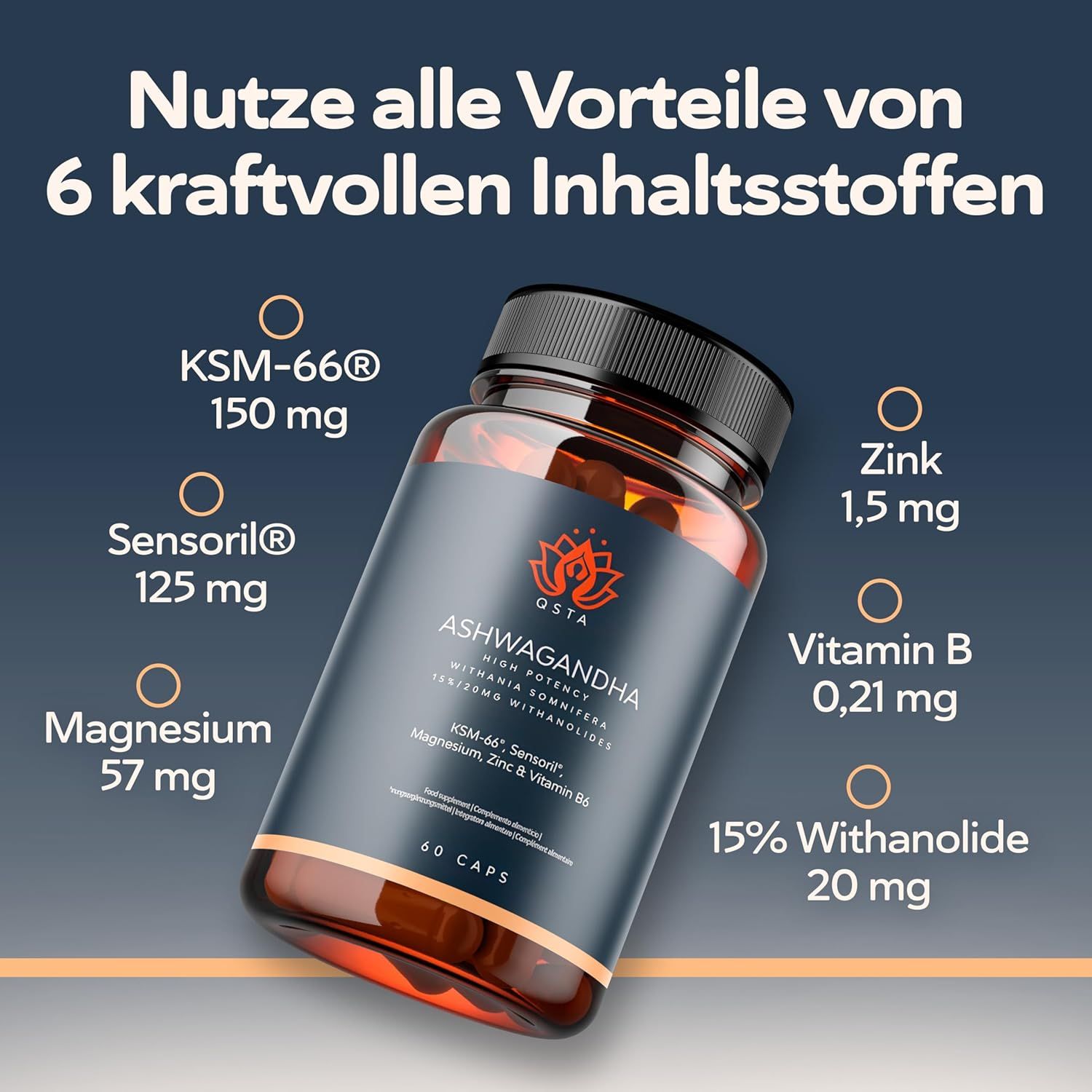 QSTA Ashwagandha KSM-66 capsules met opsomming van ingrediënten en hoeveelheden: KSM-66, Sensoril, Magnesium, Zink, Vitamine B6.