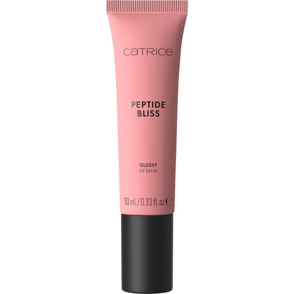 Tube rose avec bouchon noir. Inscription : Catrice, Peptide Bliss, Glossy Lip Balm. Contenu : 10 ml.