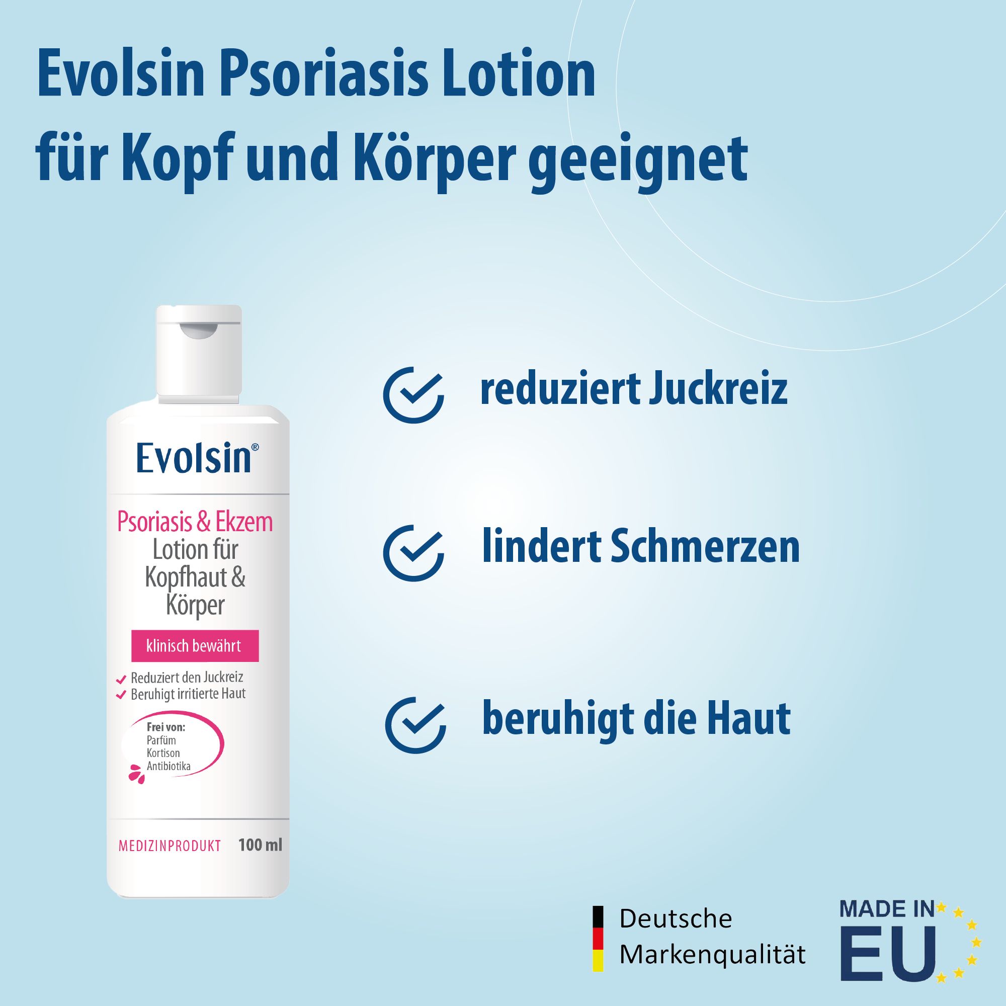 Flacon blanc avec lotion. Texte: Evolsin Psoriasis Lotion. Réduit les démangeaisons, soulage la douleur, apaise la peau. Fabriqué en UE.