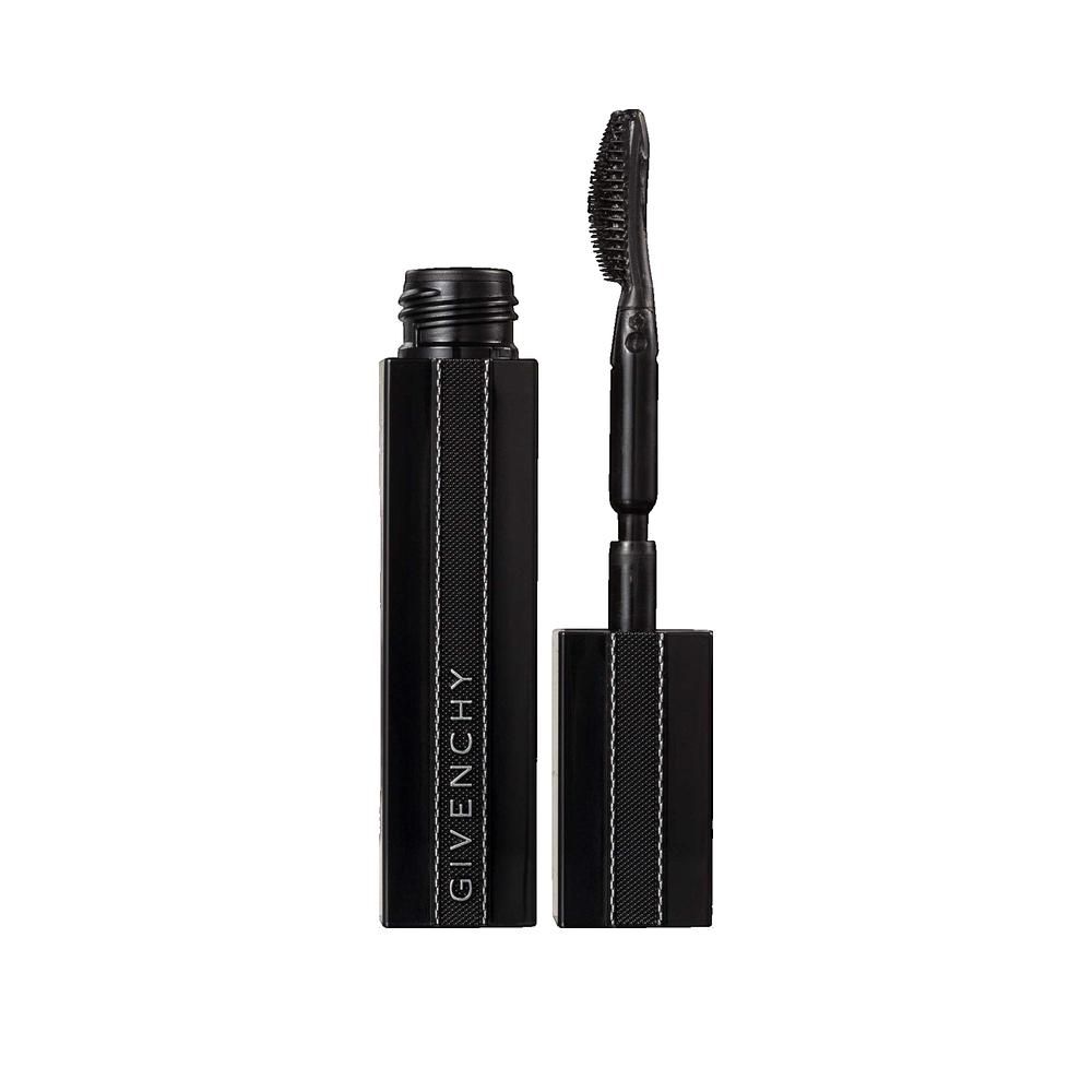 Tube de mascara noir avec brosse. Inscription Givenchy. Bandes verticales sur le tube.
