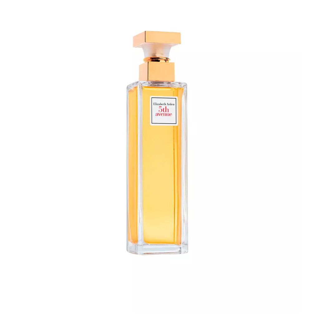 Flacon rectangulaire avec bouchon doré. Étiquette avec inscription 5th avenue. Liquide jaune.