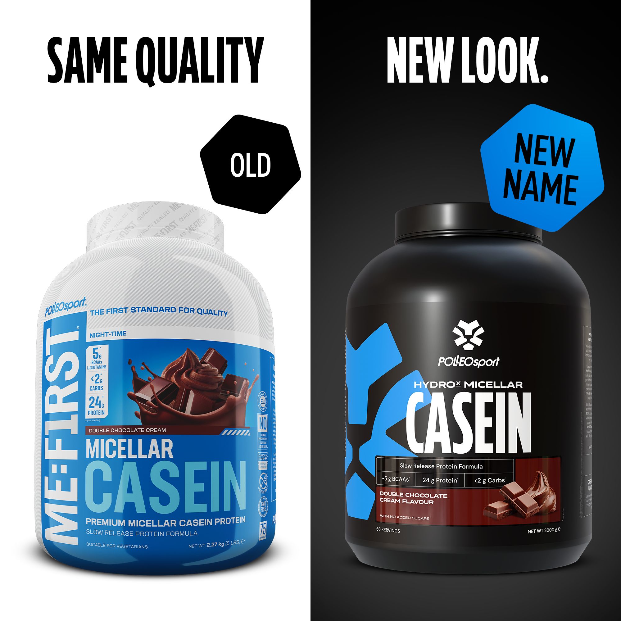 Vergelijking: pot ME:FIRST Micellar Casein (oud) en pot HYDROX Micellar Casein (nieuw). Beide met tekst en productafbeeldingen.