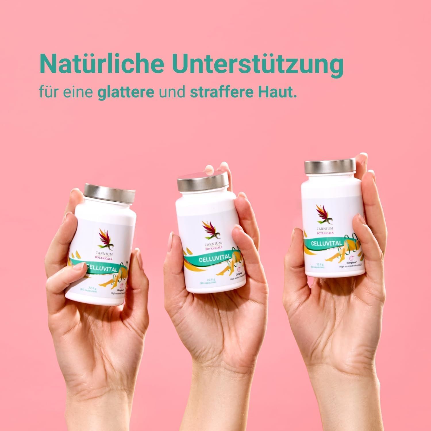 Trois flacons CELLUVITAL dans les mains. Texte: Soutien naturel pour une peau plus lisse et plus ferme. Fond rose.