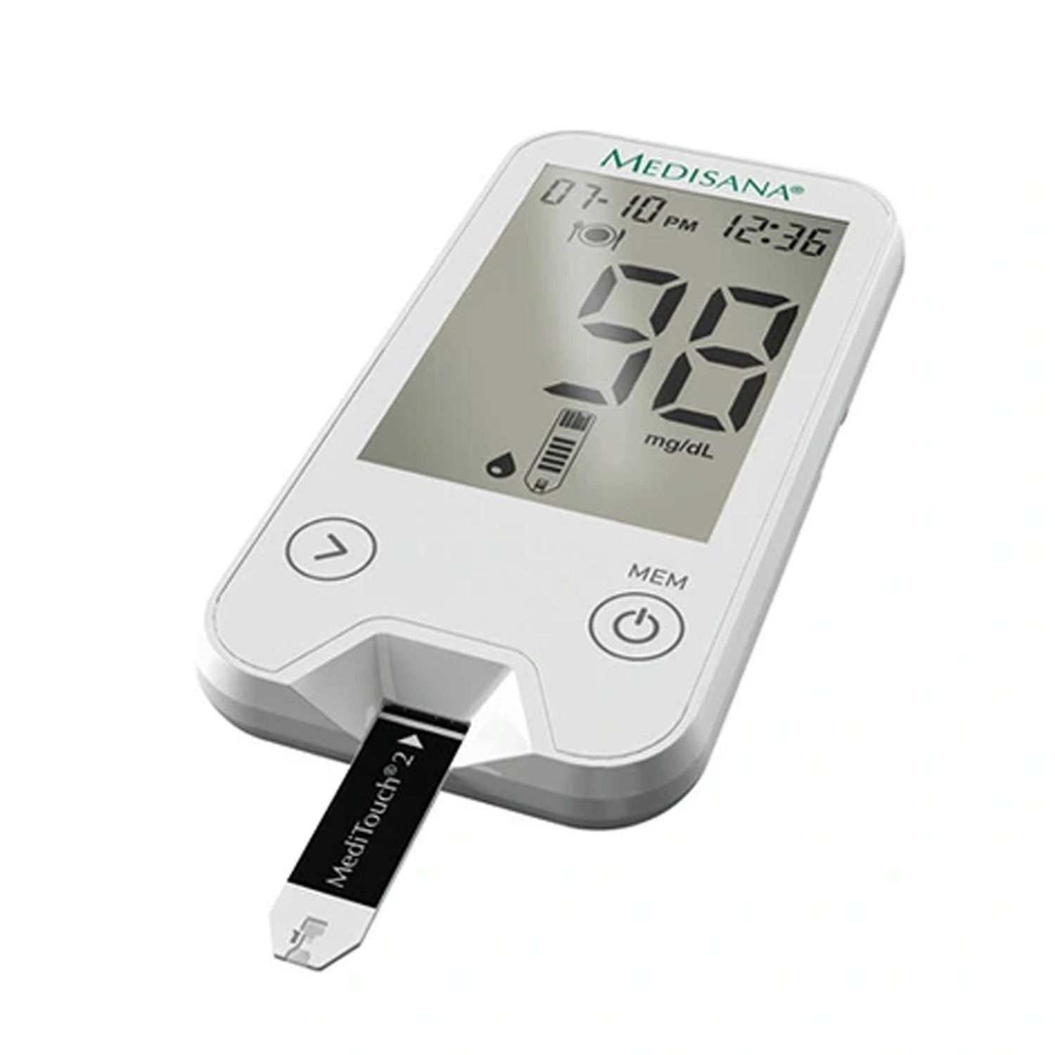 Medisana Meditouch 2 bloedglucosemeter. Wit apparaat met display. Weergave: 98 mg/dL. Teststrip geplaatst.