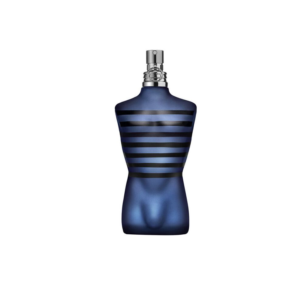 Blauwe torso-vormige fles met zwarte strepen. Zilveren spraykop. Witte achtergrond.