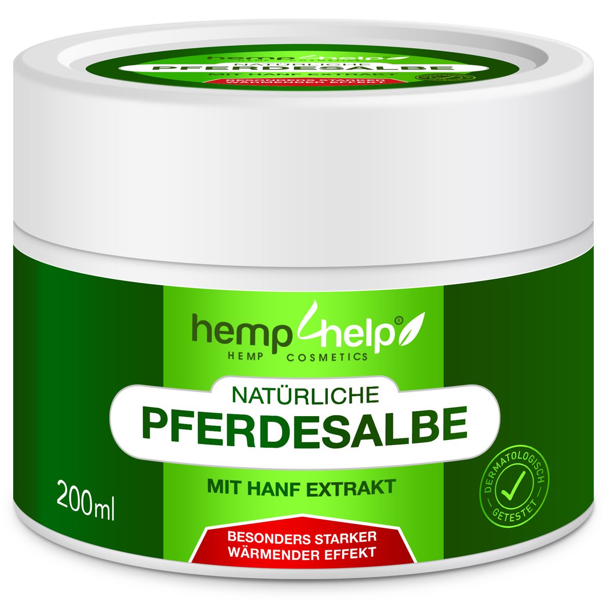Crèmepot, wit met groen etiket. Tekst: Natuurlijke Pferdesalbe met hennep extract. 200ml. Dermatologisch getest. Merk: hemp help.