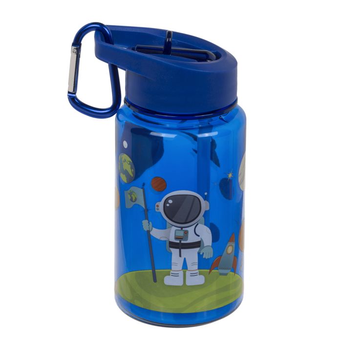 Blauwe drinkfles met ruimtevaartthema. Astronaut met vlag, raket en planeten. Met kliksluiting en karabijnhaak.