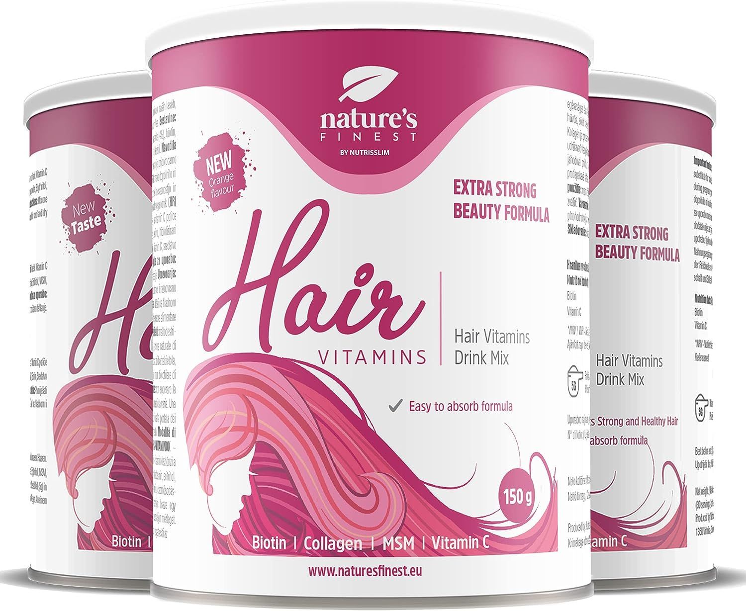 Drie potten "Hair Vitamins". Roze-wit design. Tekst en logo. "Extra Strong Beauty Formula". 150g.