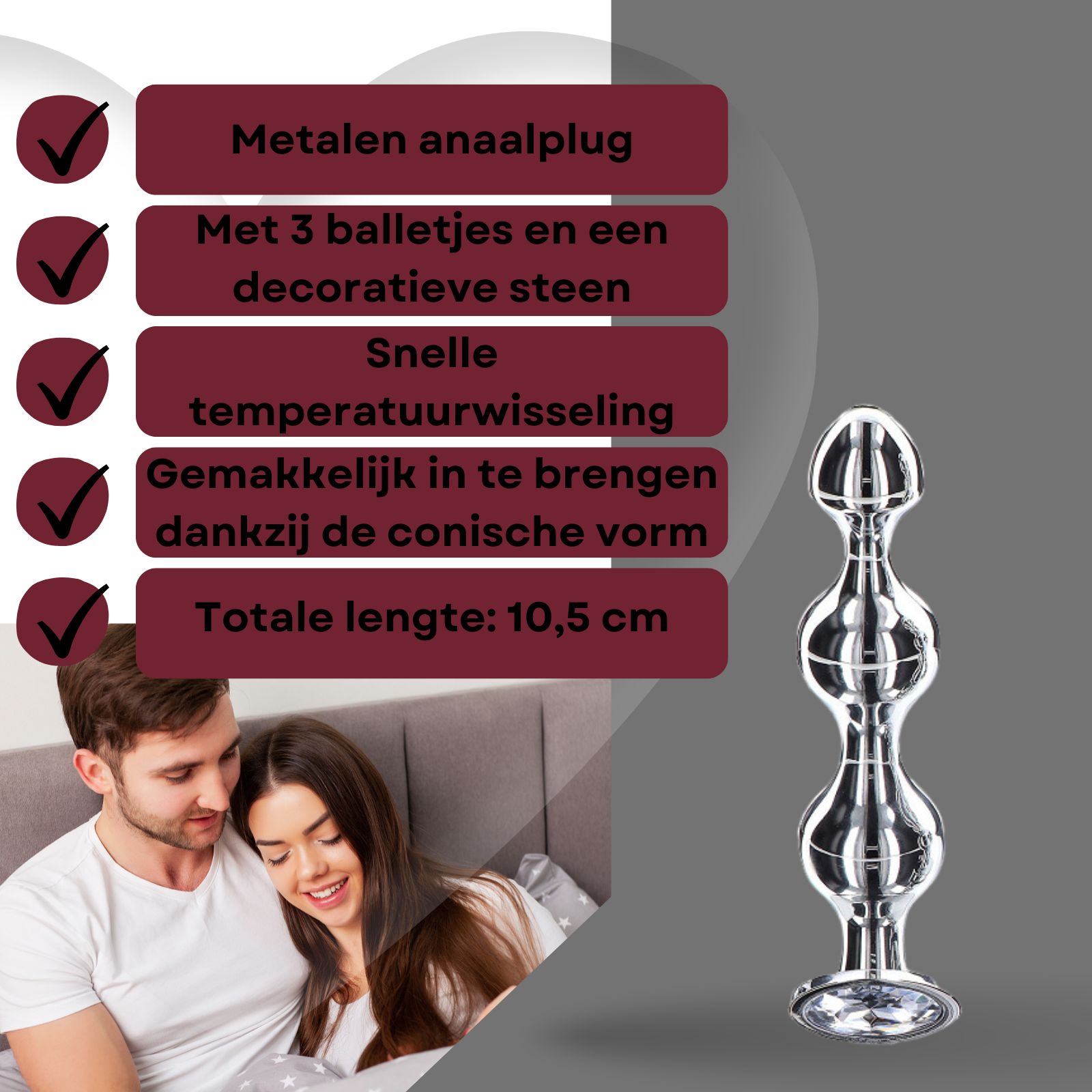 Metalen anale plug met 3 balletjes en decoratieve steen. Totale lengte: 10,5 cm. Conische vorm.