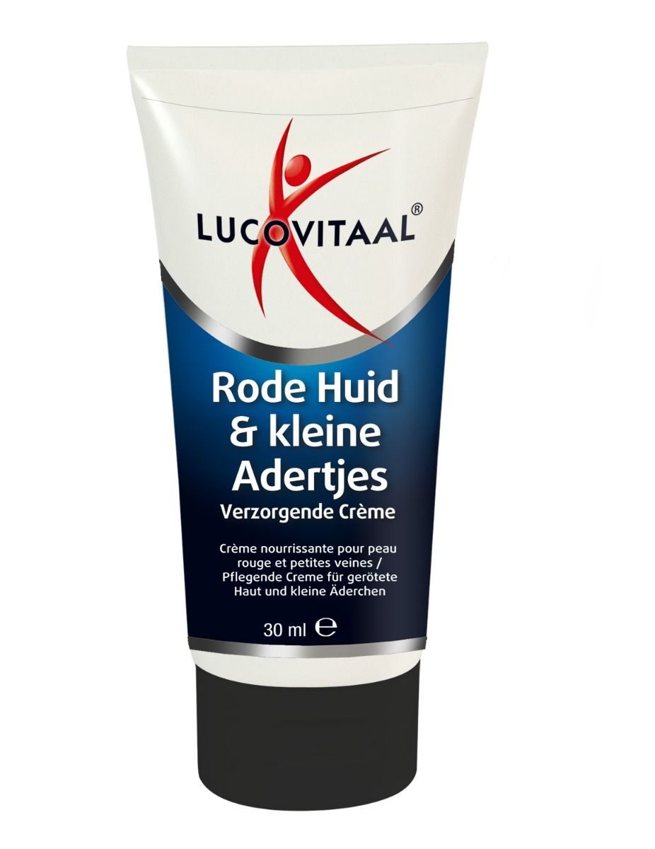 Tube met productnaam en logo. Tekst: Rode Huid & kleine Adertjes Verzorgende Crème. Inhoud 30 ml.