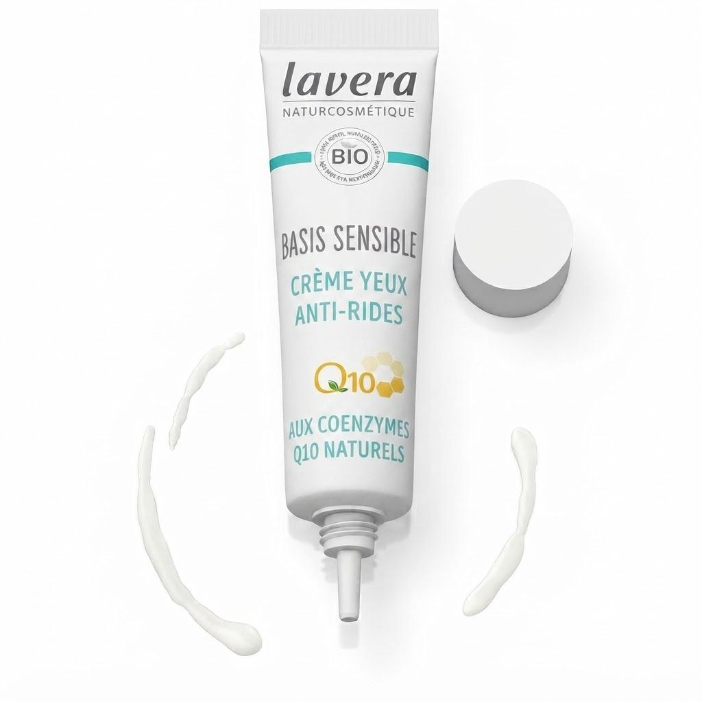Tube de crème contour des yeux anti-rides Lavera Basis Sensitiv Q10 avec bouchon dévissé. Traces de crème.