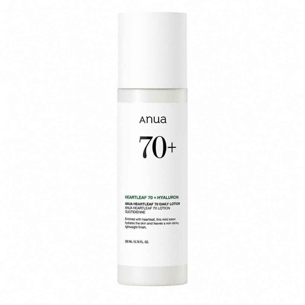 Anua 70+ Heartleaf Hyaluron Lotion : Flacon blanc avec inscription noire. Contient 200 ml.
