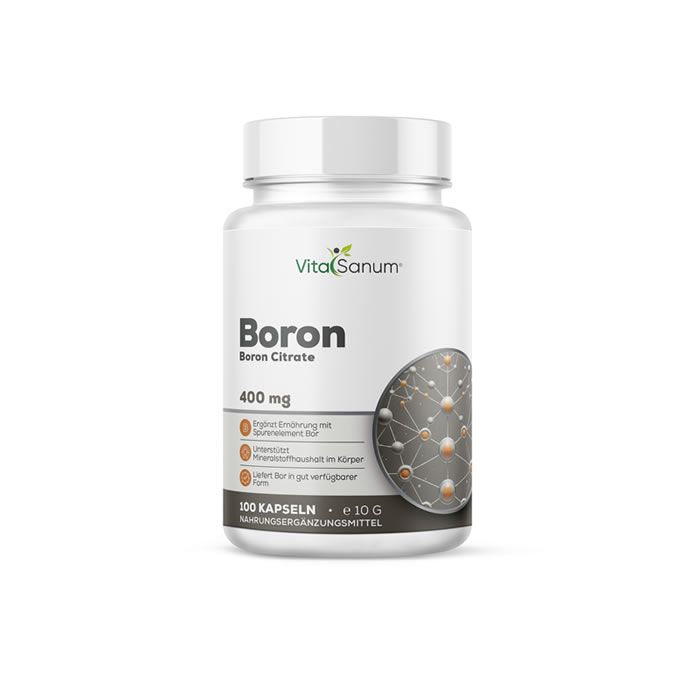 Witte fles met etiket "VitaSanum Boron Citrate 400 mg". Bevat 100 capsules. Illustratie van moleculen.