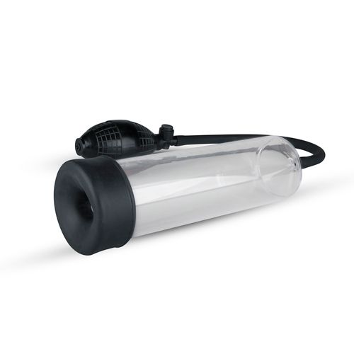 Pompe cylindrique transparente avec base noire et pompe manuelle. Pompe manuelle avec surface striée.