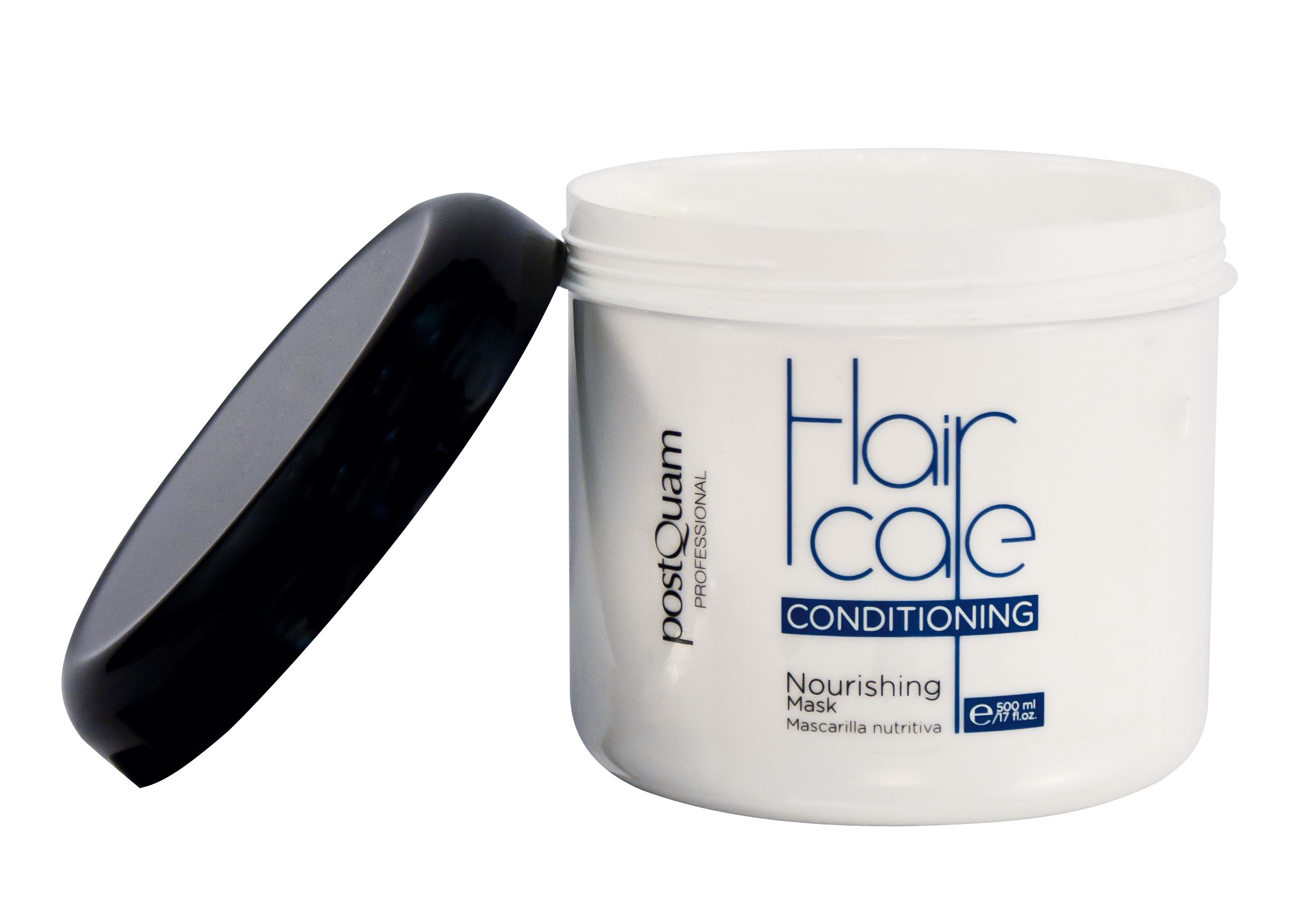 Witte pot met zwarte deksel ernaast. Opschrift: Hair Care Conditioning, Nourishing Mask. Merk: Postquam.