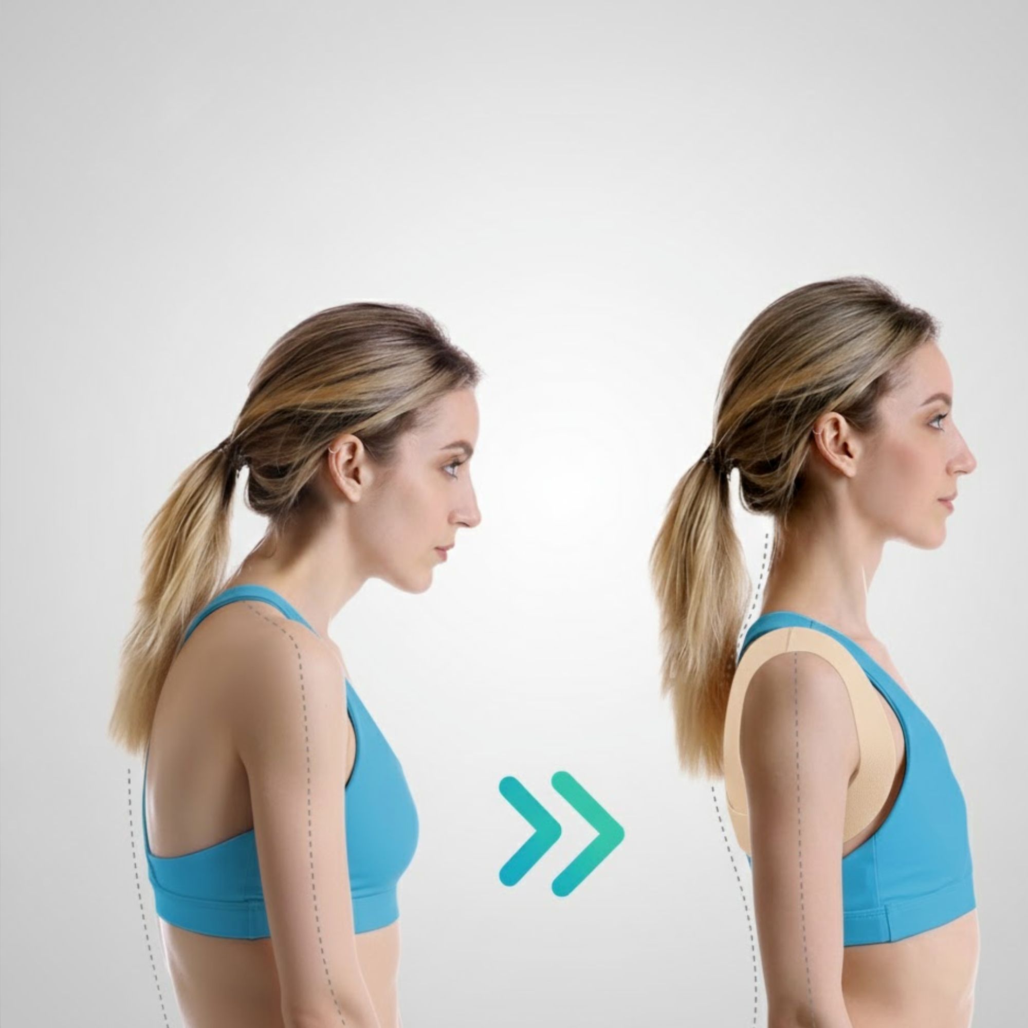Image comparative : femme avec une mauvaise et une bonne posture. Une bandage dorsale beige est visible à droite.