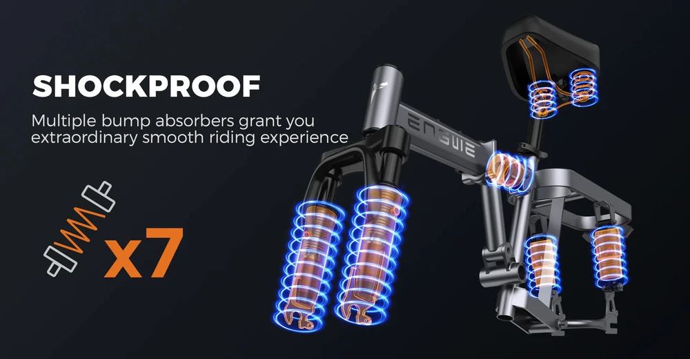 E-bike vering. Meerdere schokdempers. Tekst: SHOCKPROOF. ENGWE logo. Oranje veren.