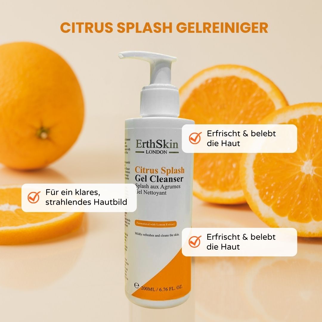 Witte dispenser met ErthSkin London Citrus Splash Gel Cleanser. Sinaasappels en tekst: Citrus Splash Gelreiniger, Verfrist & revitaliseert de huid, Voor een heldere, stralende huid.
