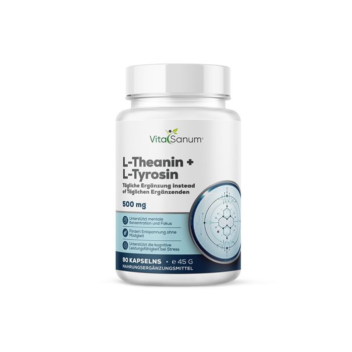 Witte fles VitaSanum L-Theanine + L-Tyrosine capsules. Label met productnaam, info en dosering.