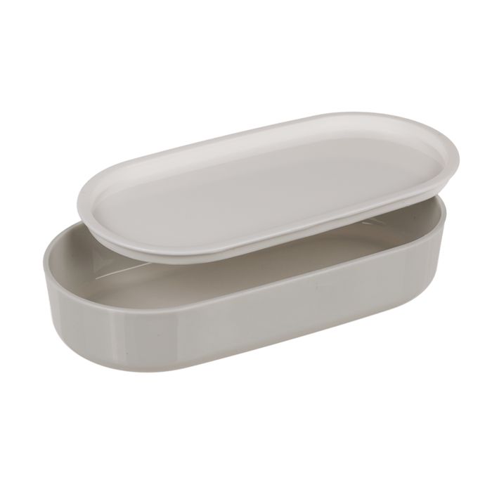 Grijze brooddoos met witte deksel. Deksel ligt open. Ovale vorm. Twee compartimenten.