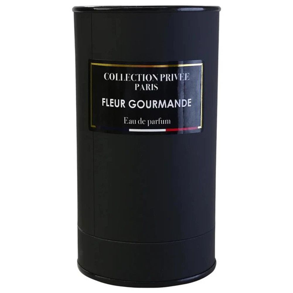 Emballage cylindrique noir. Étiquette avec "Collection Privée Paris", "Fleur Gourmande Eau de parfum".