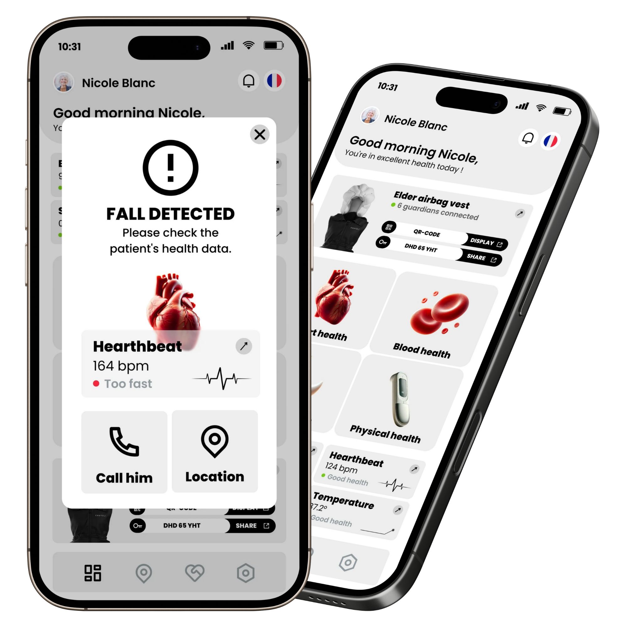 Deux smartphones avec interfaces utilisateur. Message : "FALL DETECTED". Fréquence cardiaque : 164 bpm. Options : Appeler, Localisation. Autres données.