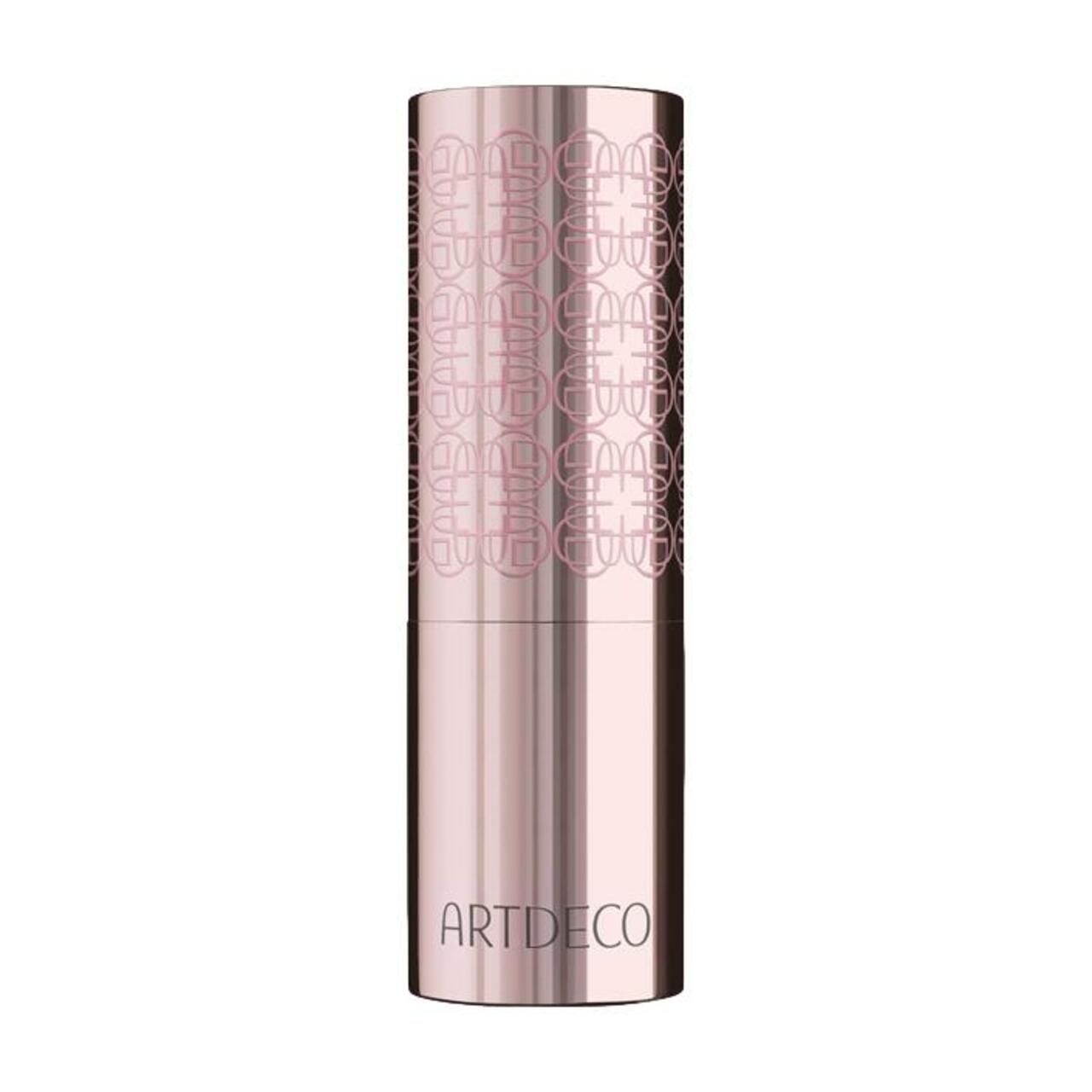 Artdeco Couture lippenstifthouder. Cilindrisch, roségoudkleurig met patroon. Merk onderaan.