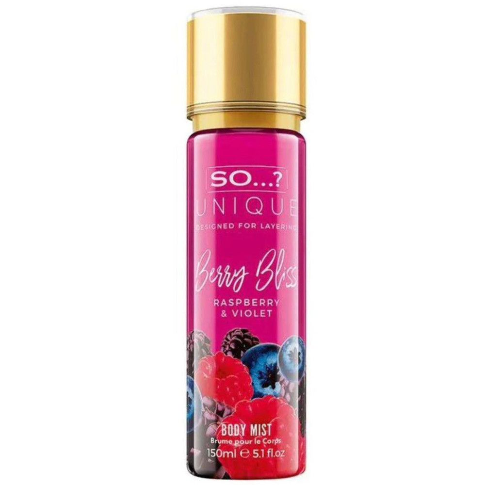 Roze body mist fles met gouden dop. Opschrift: So Unique, Berry Bliss, framboos & viooltje. Illustratie van bessen.