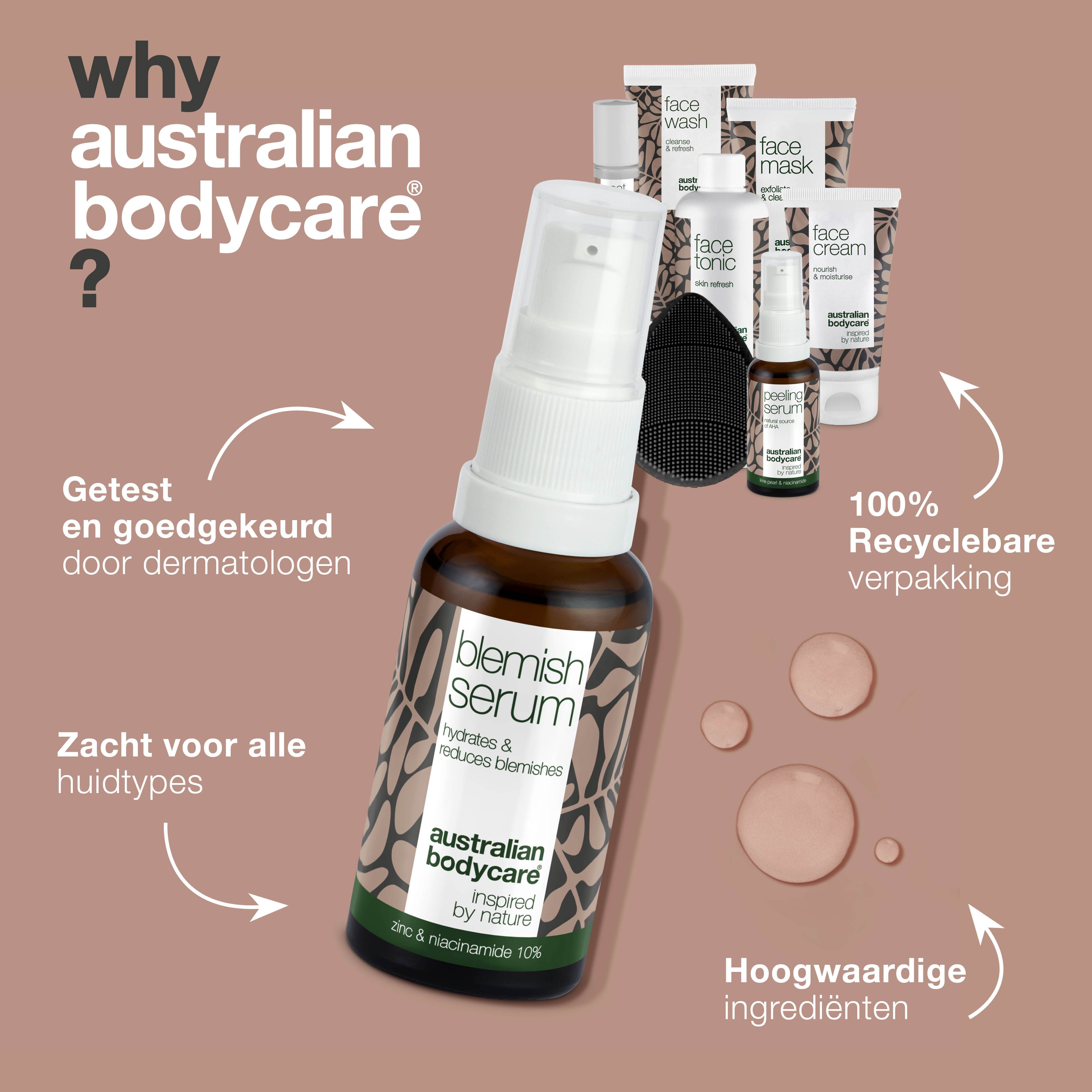 Gezichtsverzorgingsset tegen puistjes en onzuivere huid. Producten: Face Wash, Face Mask, Face Cream, Face Tonic, Blemish Serum.