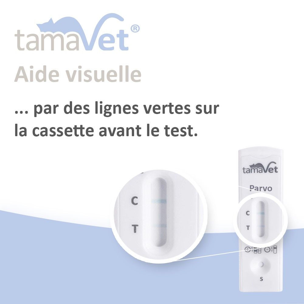 Gros plan sur une cassette de test. Texte : Aide visuelle par des lignes vertes avant le test.