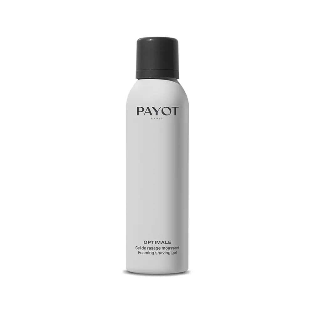 Witte fles met zwarte dop. Tekst: PAYOT, OPTIMALE Gel de rasage moussant, Foaming shaving gel.