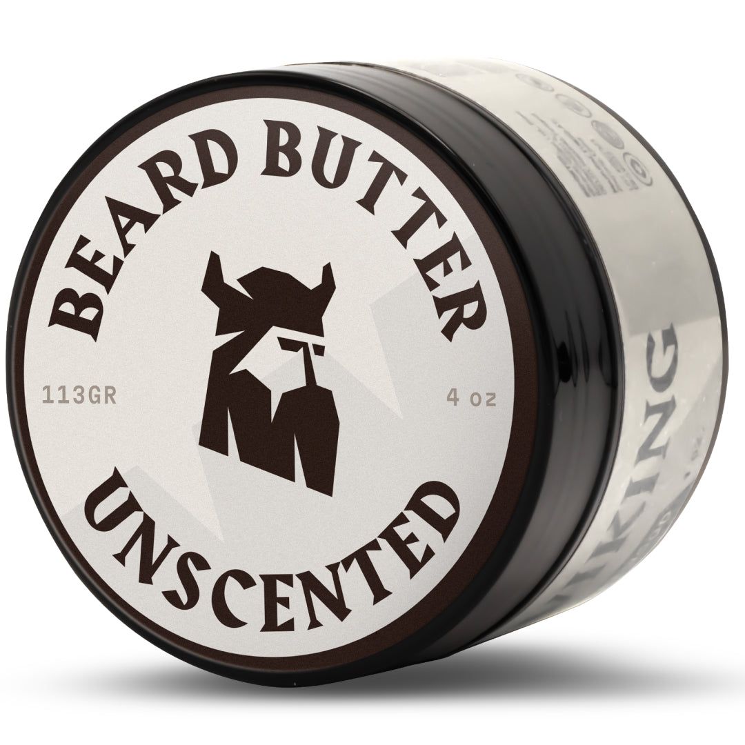 Pot rond avec inscription "BEARD BUTTER UNSCENTED". Logo: tête de Viking. Contient 113g/4 oz. Couvercle marron, contenant argenté.