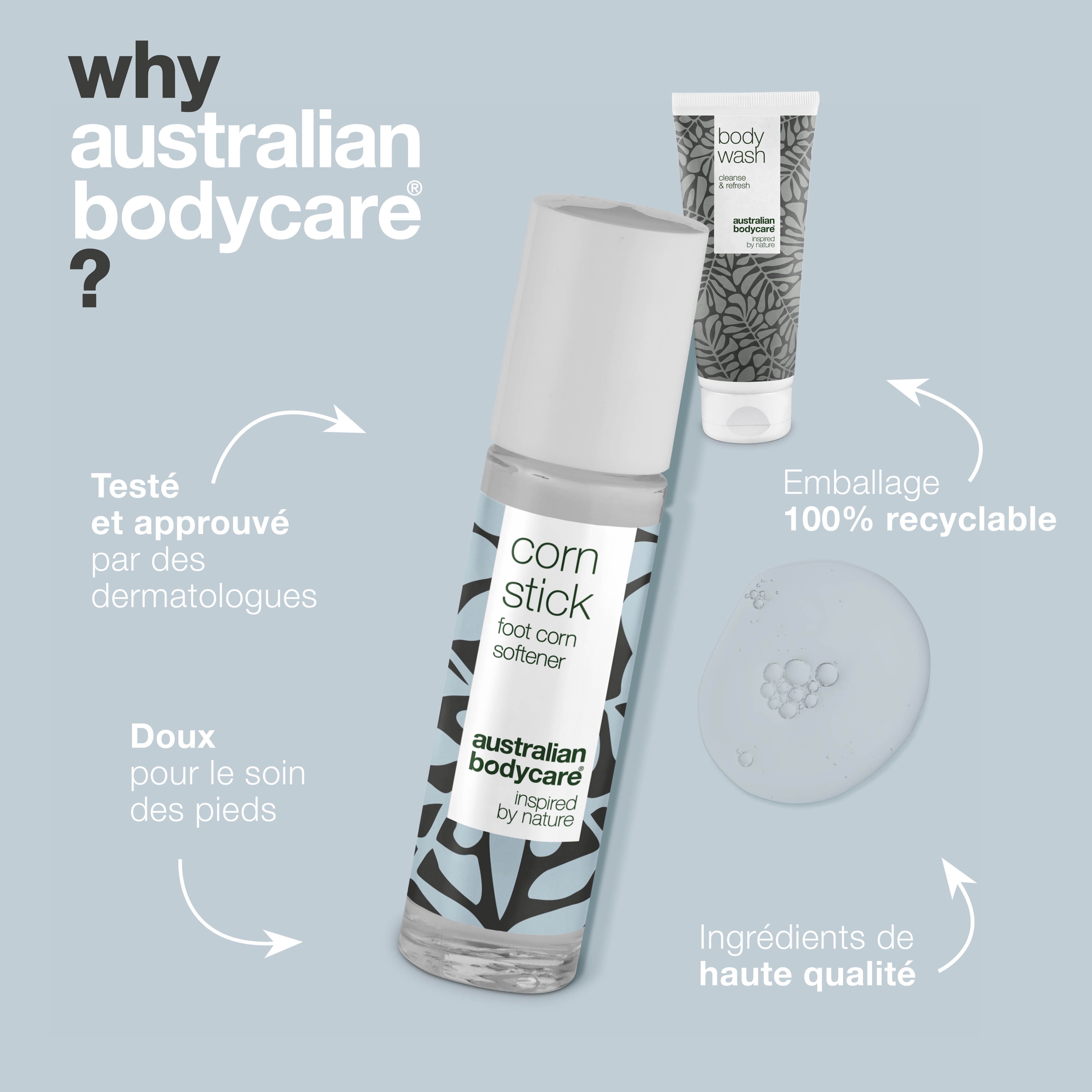 Roll-on, tube. Inscriptions : Corn Stick, Body Wash. Marque : Australian Bodycare.