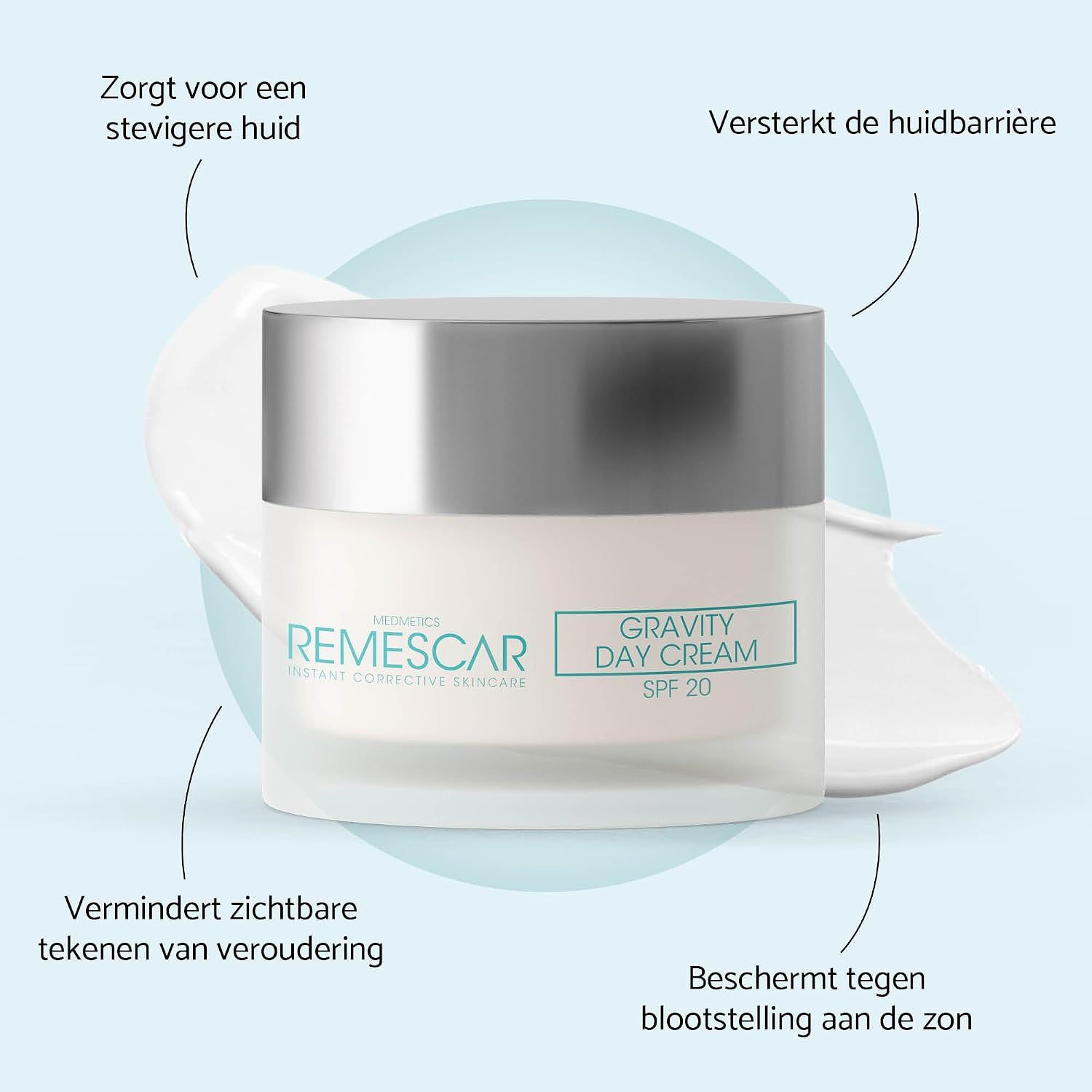 Remescar Gravity Day Cream met SPF 20 in een glazen pot met zilverkleurige deksel.