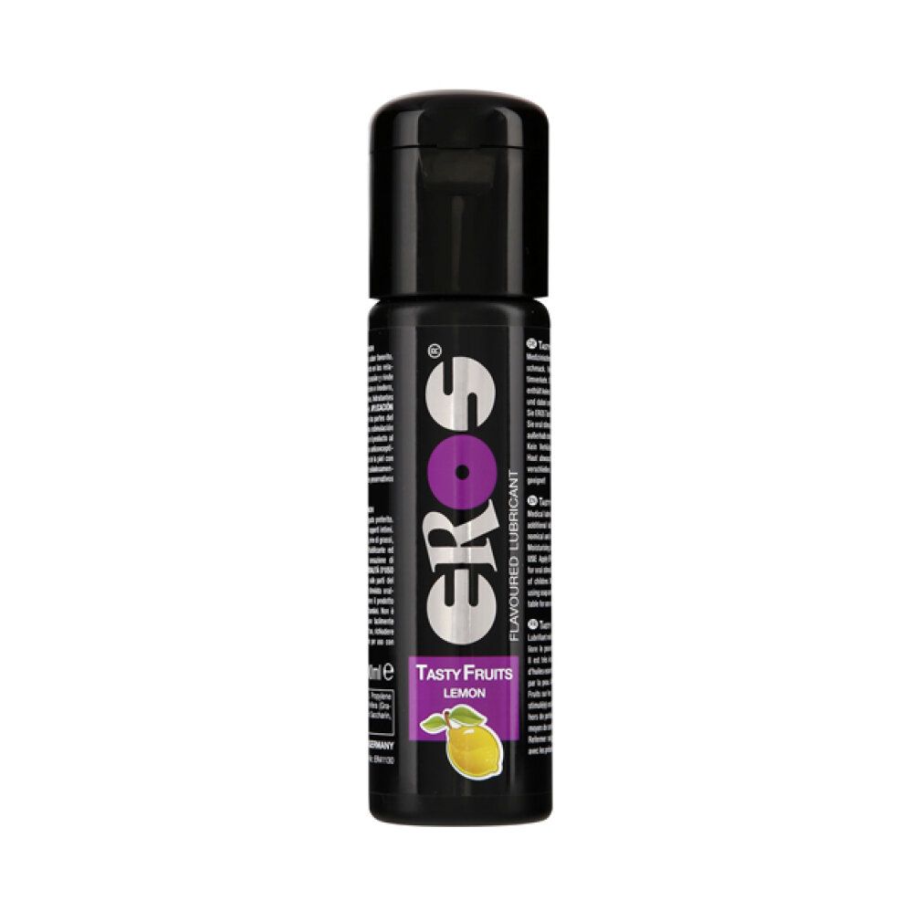 Lubrifiant Eros Tasty Fruits Citron, bouteille noire, bouchon à clapet. Accent violet dans le logo. Illustration de citron en bas.