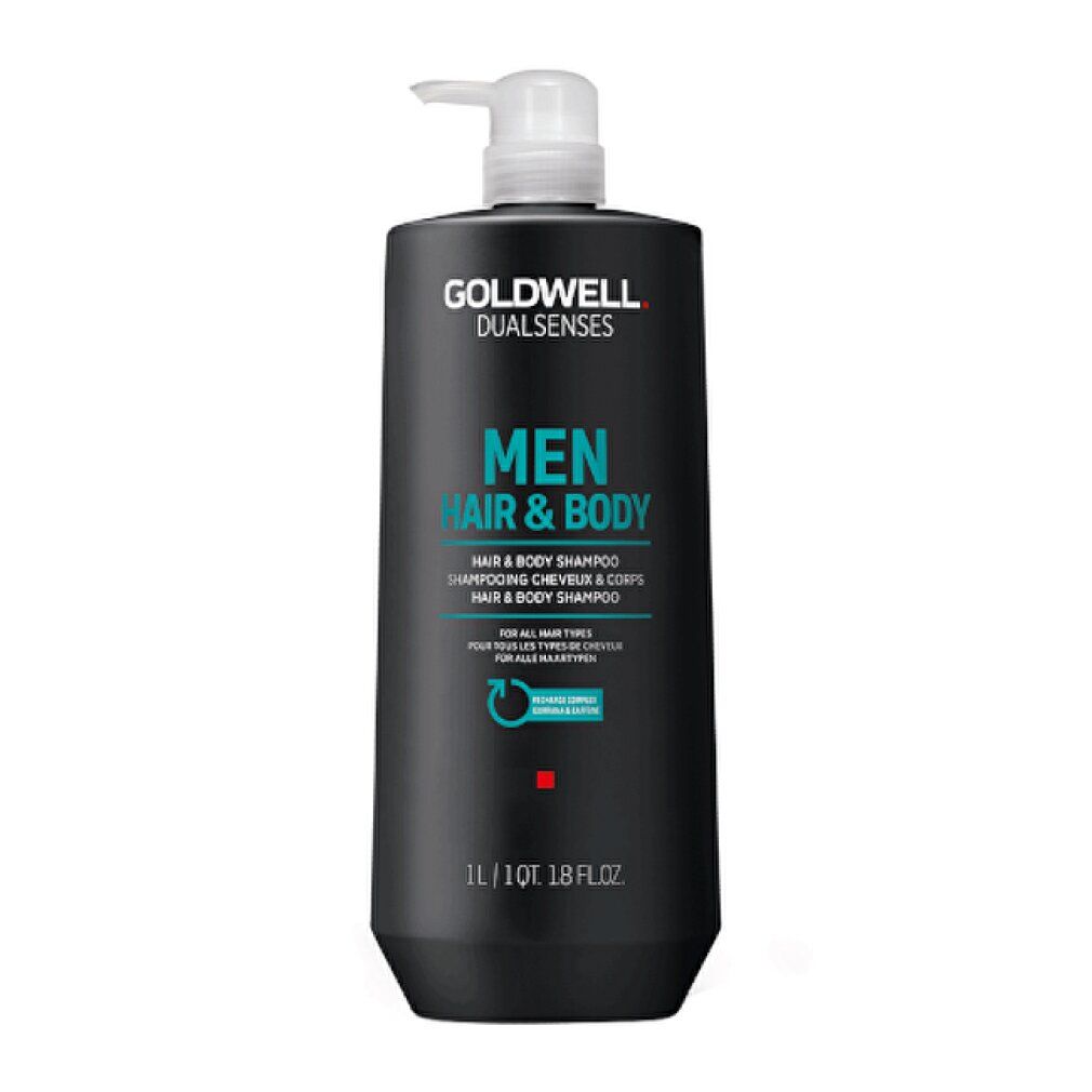 Zwarte fles met witte pomp. Opschrift: Goldwell Dual Senses Men Hair & Body Shampoo. 1L/10T. 1.8 FL.OZ.
