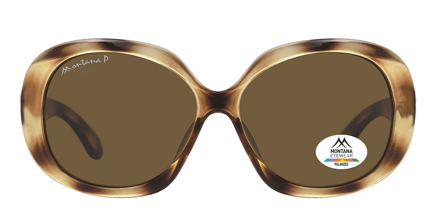 Lunettes de soleil marron et beige. Verres bruns. Logo et autocollant Polarized sur le verre. Montana Eyewear.