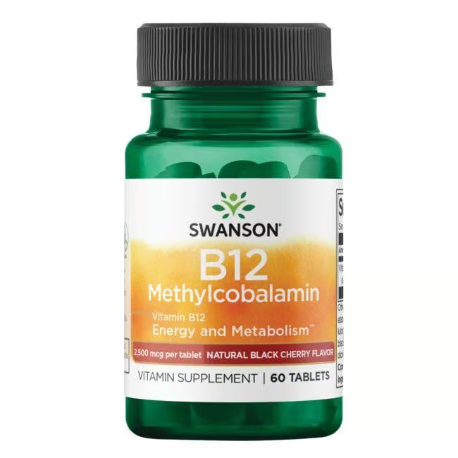 Flacon vert avec bouchon noir. Étiquette "SWANSON B12 Methylcobalamin". Contient 60 comprimés. Arôme naturel de cerise noire.