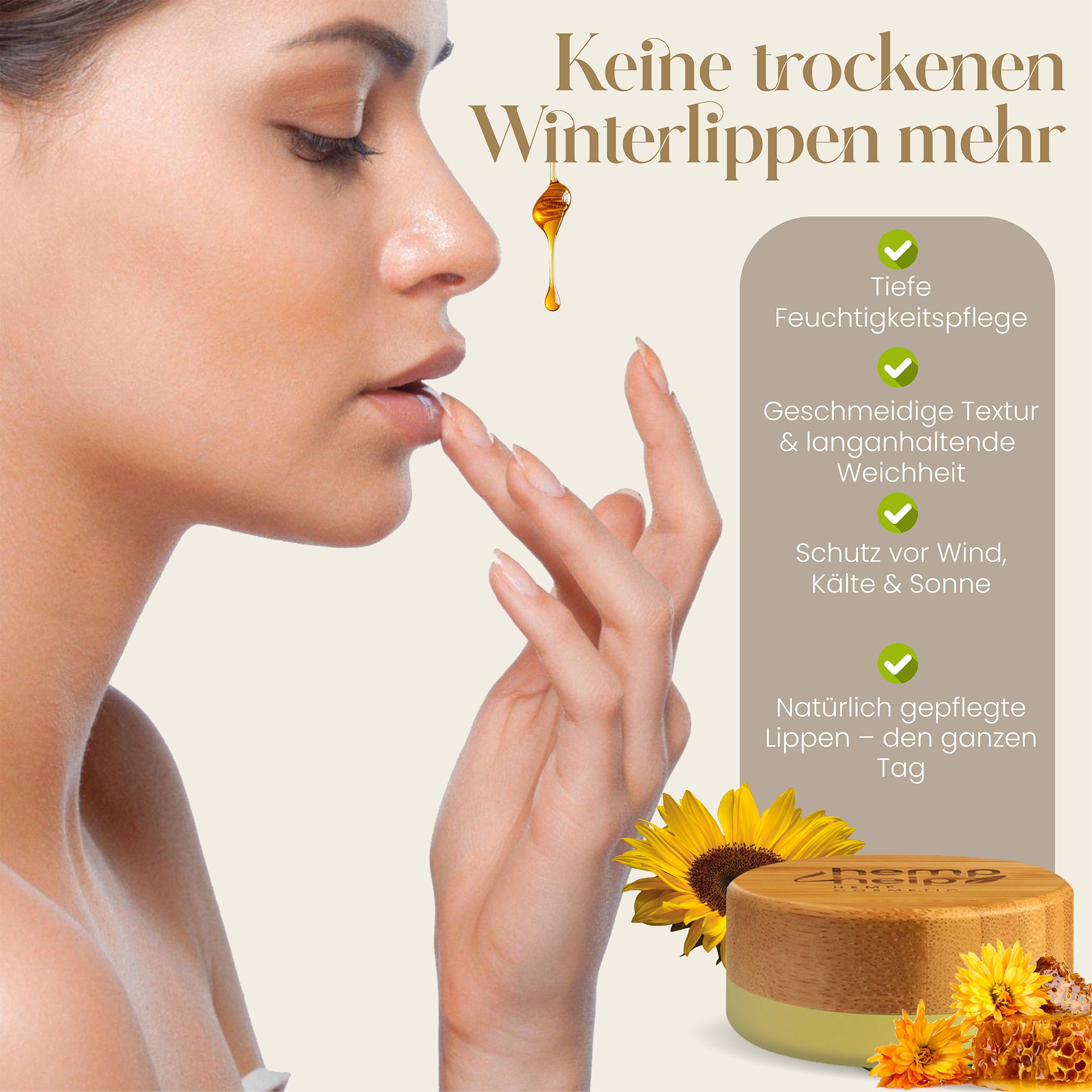 Femme touchant ses lèvres avec un doigt. Pot de baume à lèvres avec couvercle en bois. Texte : Hydratation intense, texture lisse.