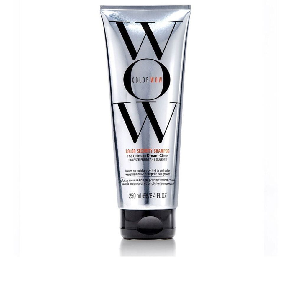 Zilveren tube met "WOW"-logo en "COLOR WOW COLOR SECURITY SHAMPOO" opschrift. 250 ml.