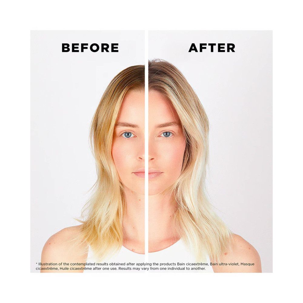 Voor-en-na vergelijking. Blond haar. Eén kant voor, één kant na gebruik van het product.