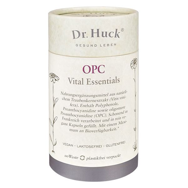 Boîte cylindrique en carton avec inscription: Dr. Huck OPC Vital Essentials. Vegan, sans lactose, sans gluten.