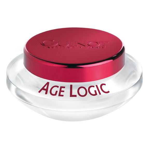 Pot de crème avec couvercle rouge. Le couvercle porte la marque "GUINOT". Le pot porte "AGE LOGIC".