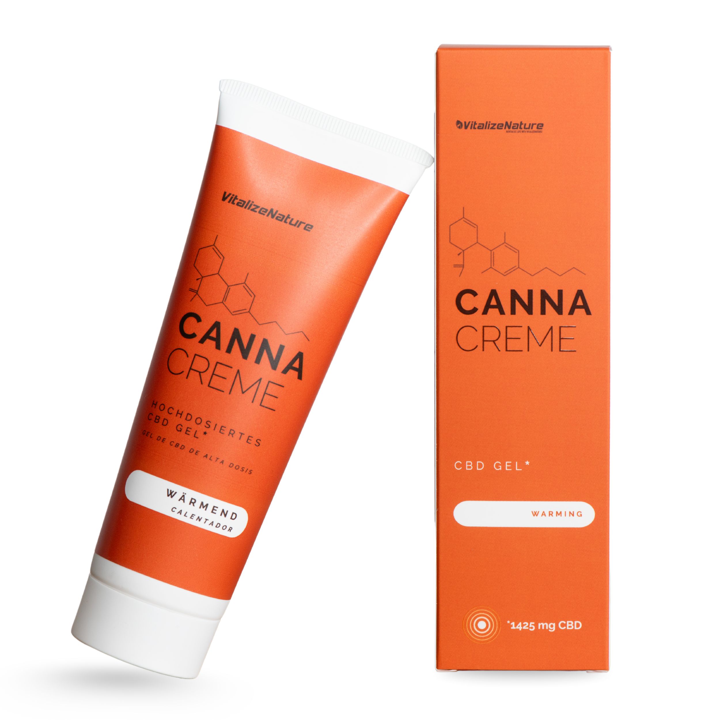 Tube orange avec bouchon blanc. Texte : Canna Creme, chauffant, gel CBD. Emballage orange à côté.