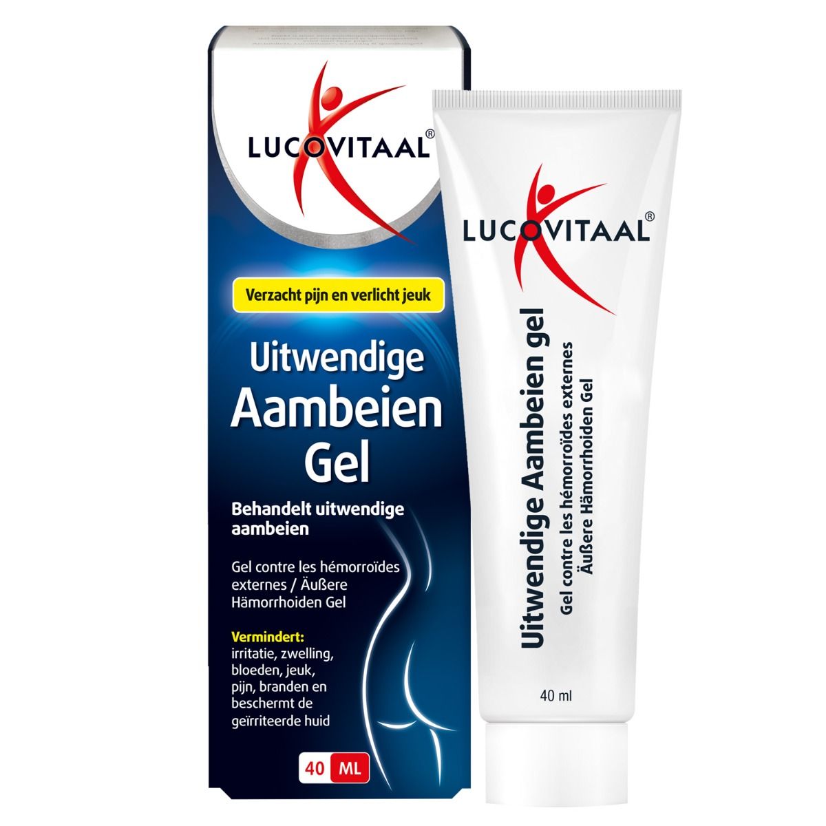 Productverpakking en tube naast elkaar. Verpakking blauw-wit met logo en productnaam. Tube wit met productnaam.