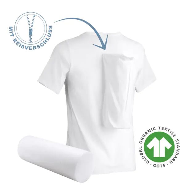 T-shirt blanc avec poche zippée et rouleau. Certification GOTS.