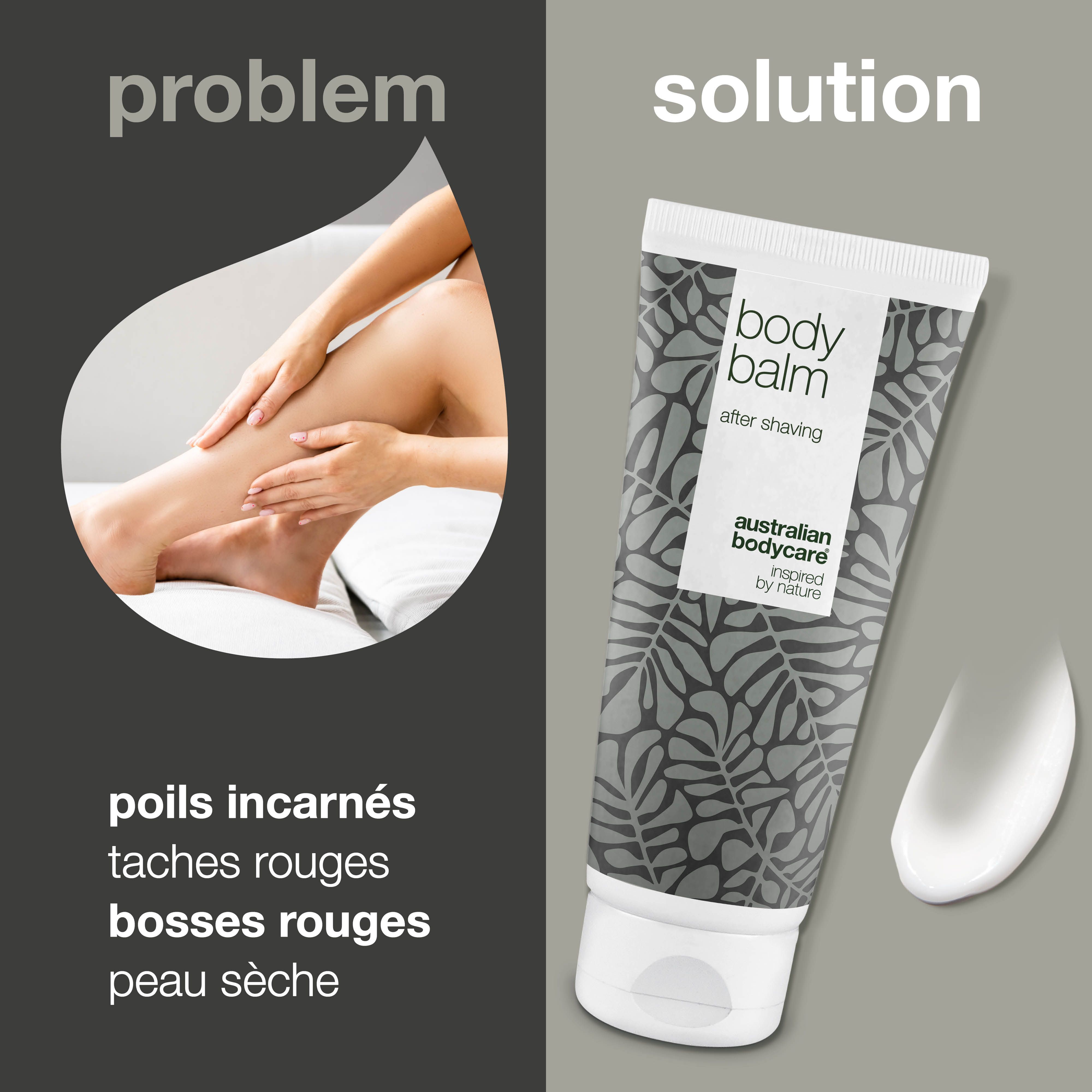 Tube de baume après-rasage avec texte. Inscription : Body Balm, After Shaving, Australian Bodycare, inspiré par la nature.