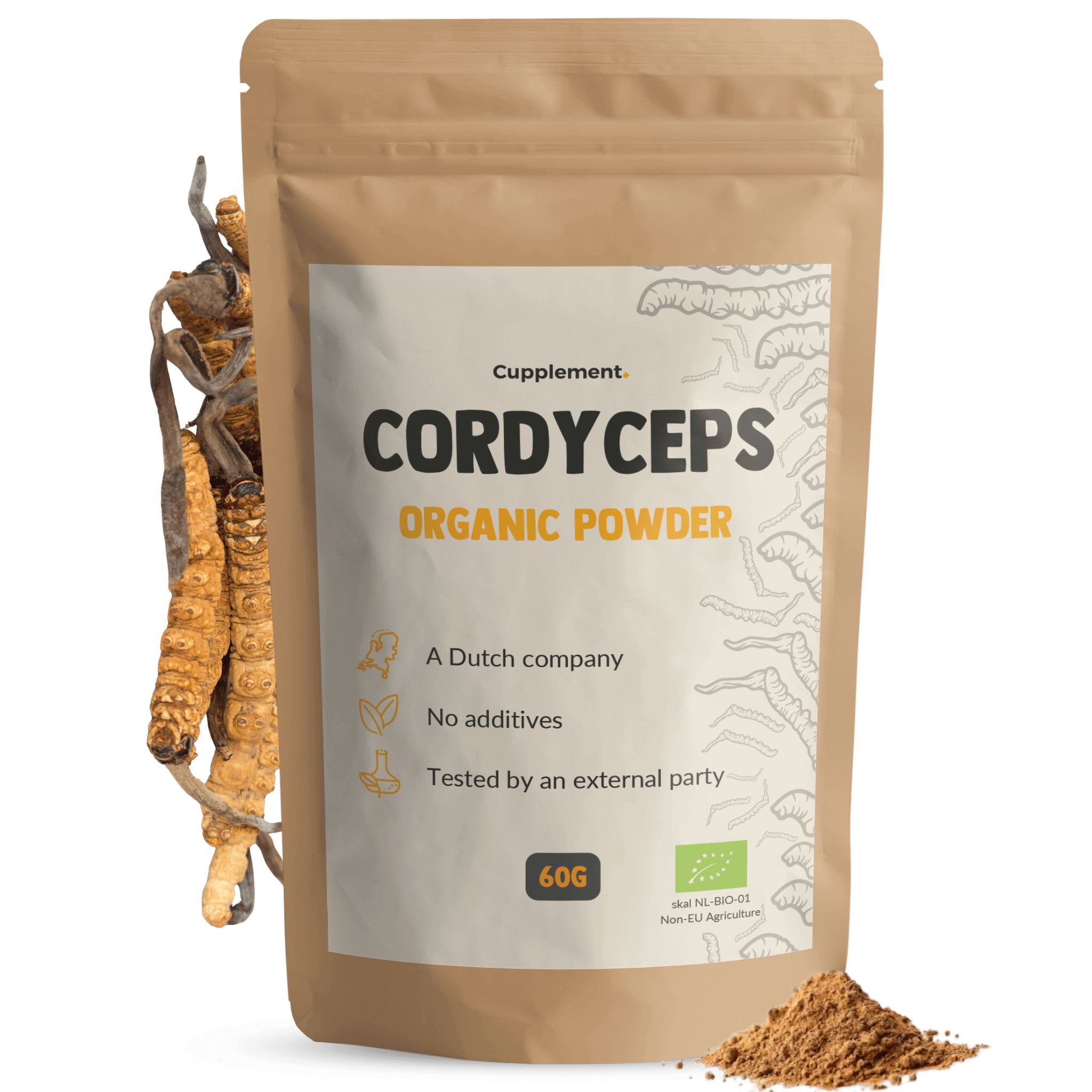 Bruine zak met Cordyceps poeder. Tekst: 'Cordyceps Organic Powder'. 60g. Met Cordyceps paddenstoelen.